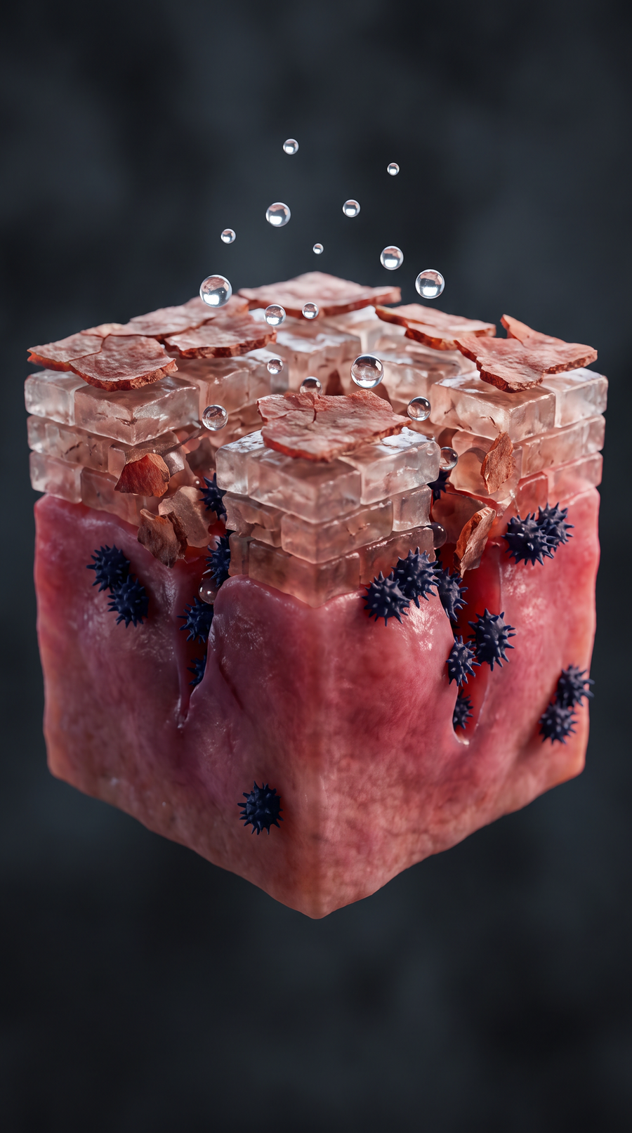 Illustration of eczema-prone skin: a cracked, red, inflamed barrier crowded with harmful bacteria.