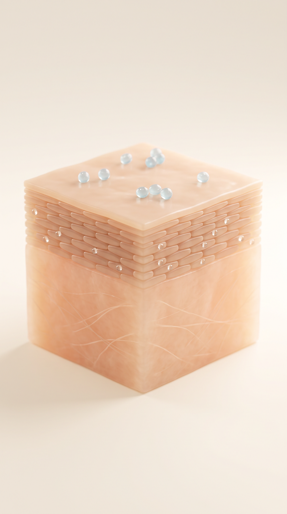Illustration of healthy skin: a smooth, sealed barrier with balanced bacteria on the surface.