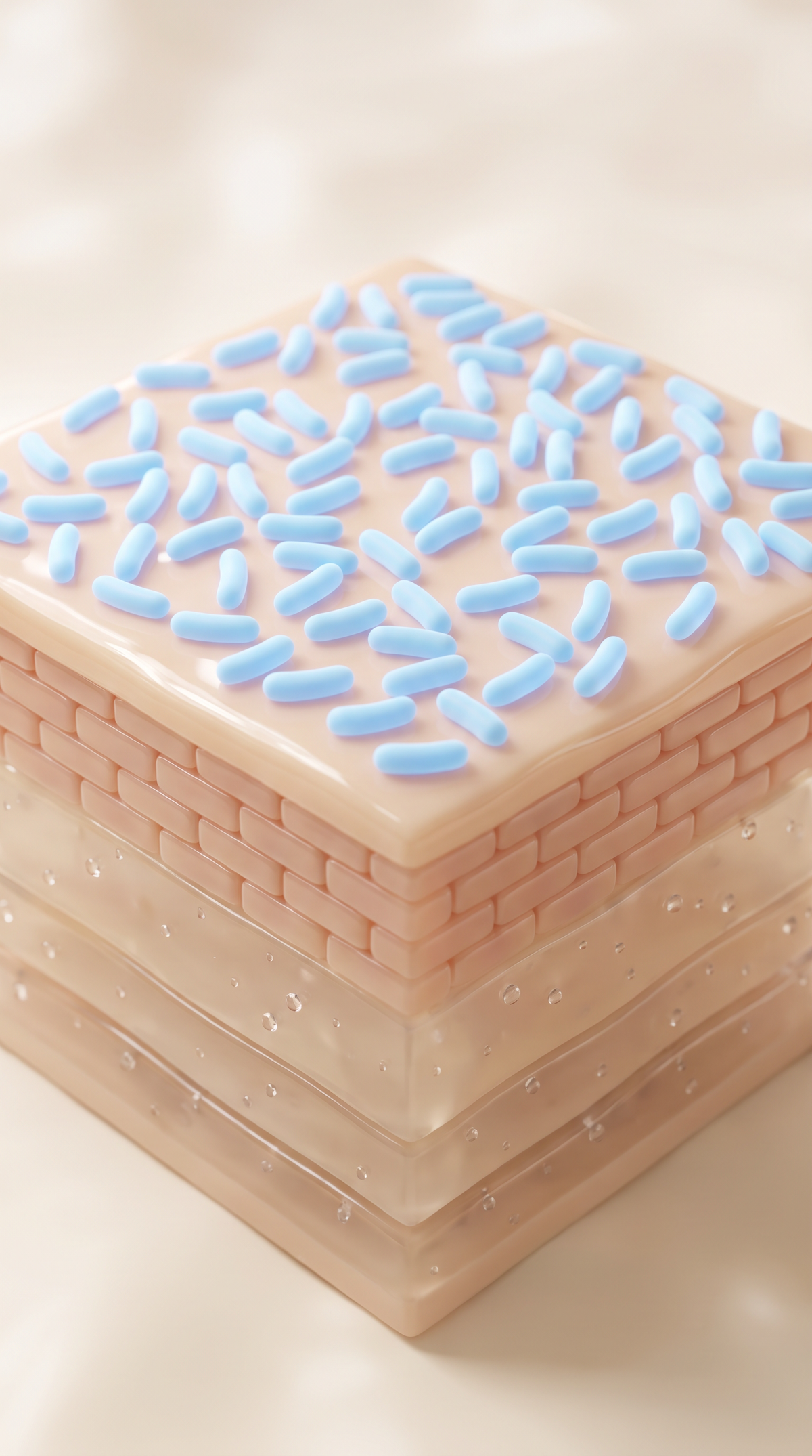Illustration of skin after live cultures: a sealed, calm barrier covered in glowing beneficial bacteria.